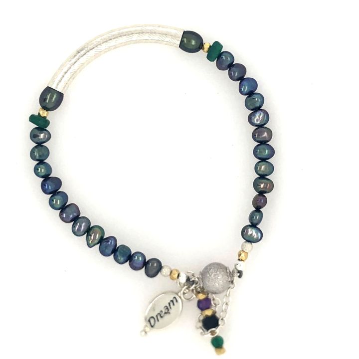 Sterling Tube & Peacock Freshwater Pearl Bracelet