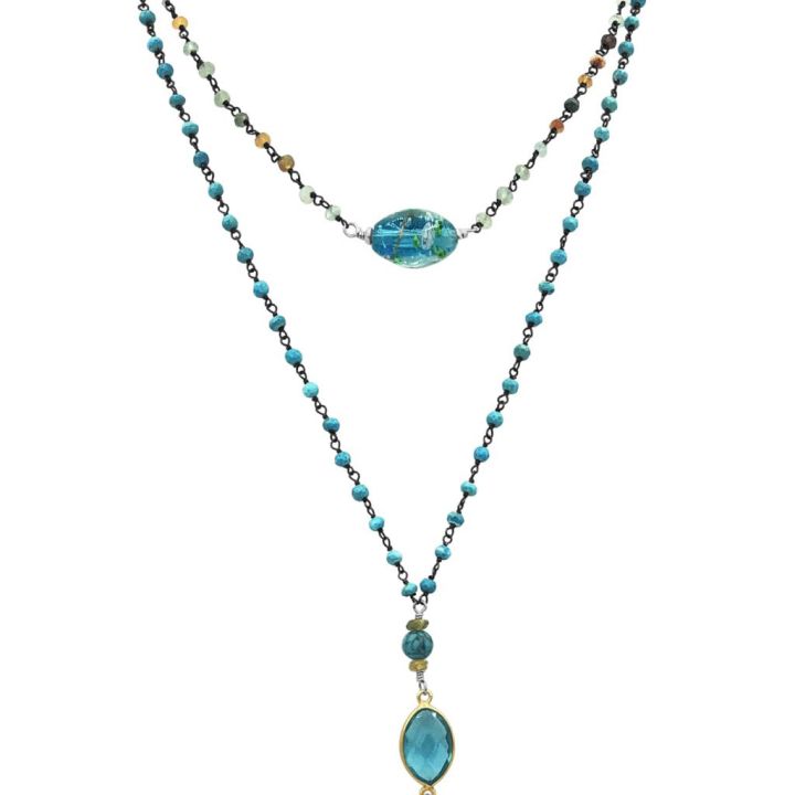 Two Strand Tourmaline & Turquoise Chain Necklace with Pendant & Multi-Gemstone Drop Detail 1