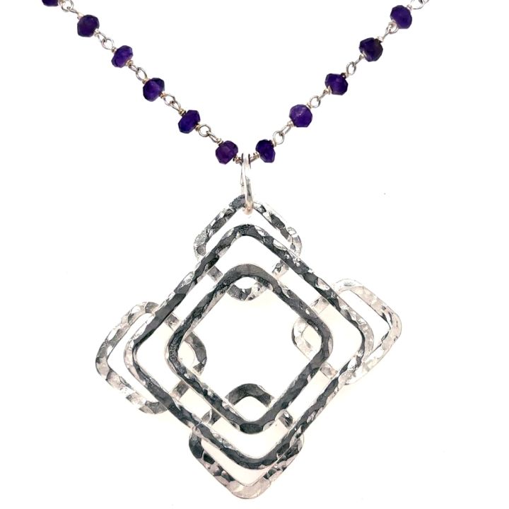 terling Silver Pendant with Layered Hammered Squares on a Amethyst Gemstone Chain Necklace
