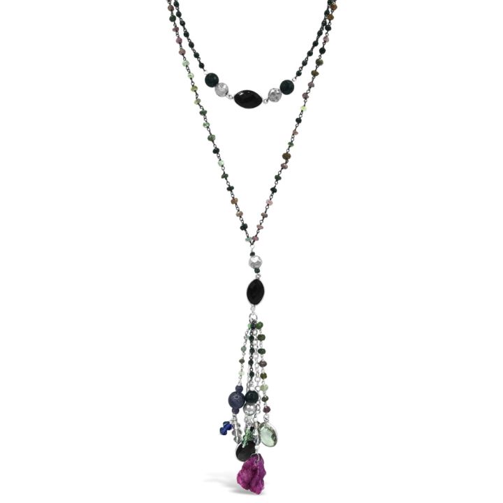 Two Strand Gemstone Chain Necklace Pendant & Multi-Gemstone Drop