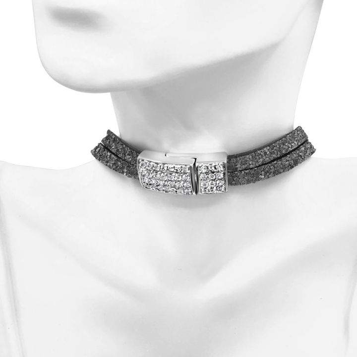 Two Strand Grey Glitter Leather Choker Necklace with Full Pave Crystal Clasp
