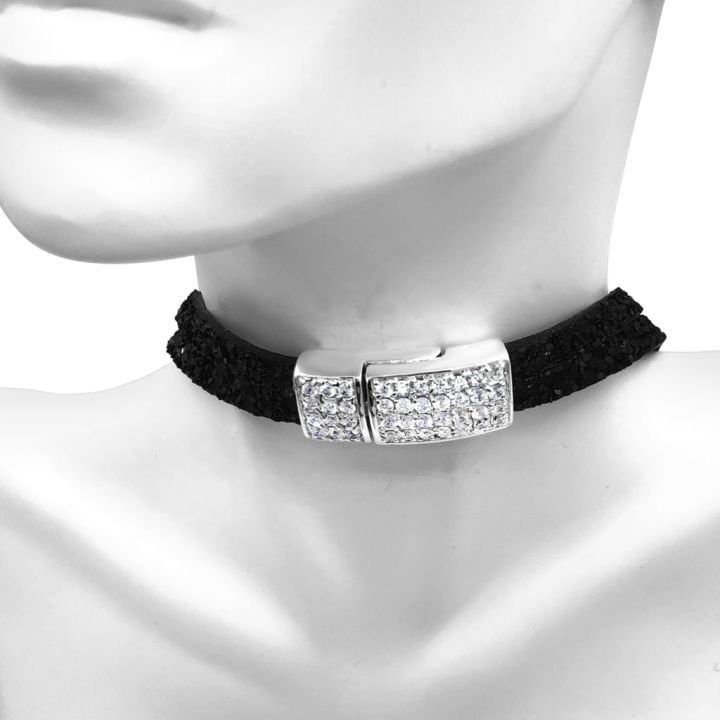 Two Strand Black Glitter Leather Choker Necklace with Full Pave Crystal Clasp
