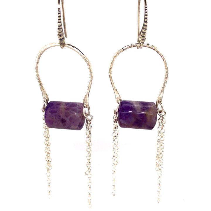 Sterling Silver Hammered U Shaped Link with Amethyst Tube Earrings