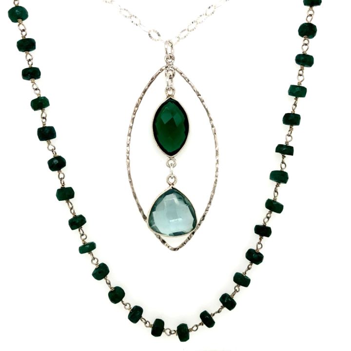 Sterling Silver & Green Onyx Gemstone Chain Necklace with Bezeled Gemstones Pendant