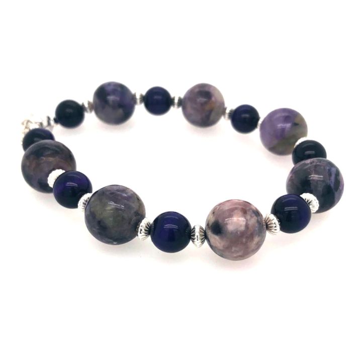 Charoite & Purple Tiger Eye Rounds with Silver Accents Bracelet