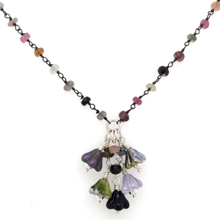Sterling Silver Tourmaline Gemstone Necklace with Czech Glass Flowers