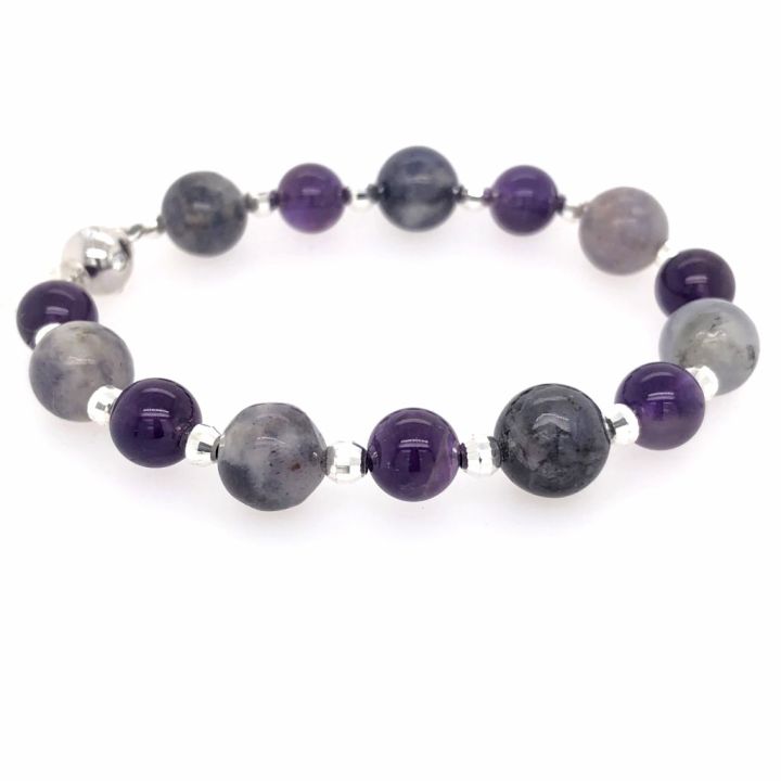 Iolite & Amethyst Rounds with Sterling Silver Diamond Cut Rounds Bracelet