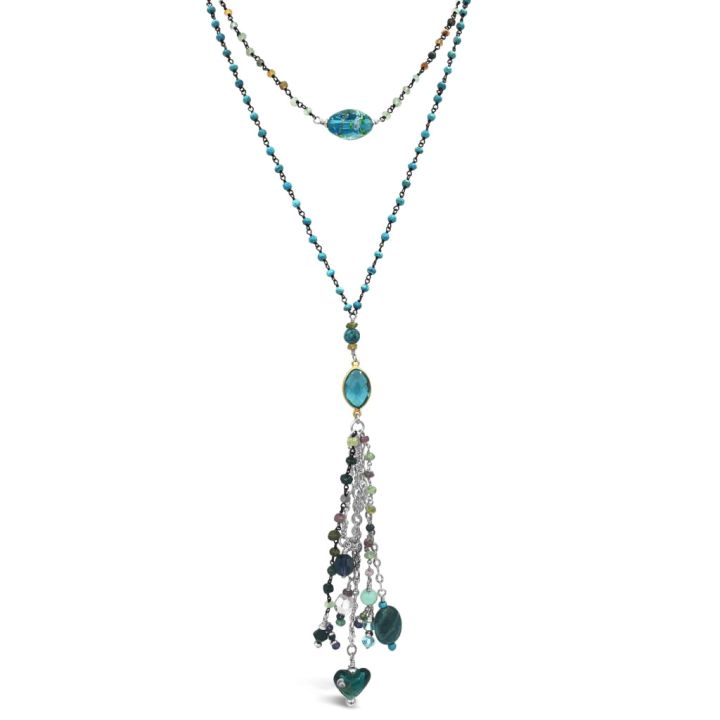 Two Strand Tourmaline & Turquoise Chain Necklace with Pendant & Multi-Gemstone Drop