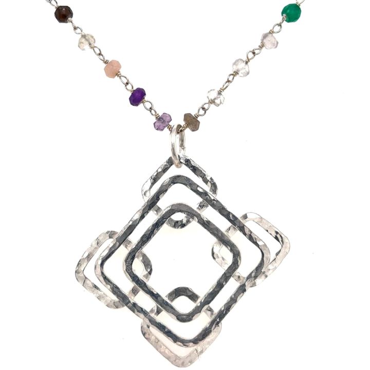 Sterling Silver Pendant of Layered Hammered Squares on a Disco Gemstone Chain Necklace