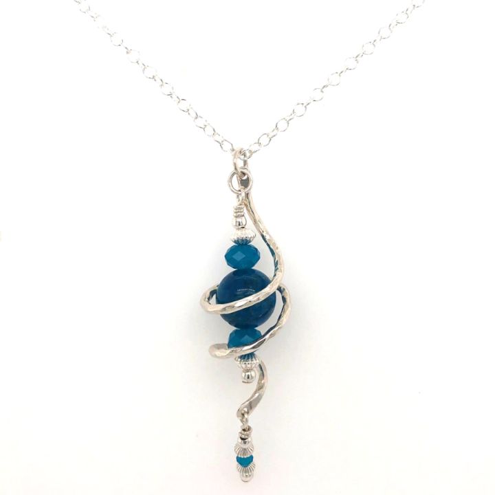 Large Hammered Sterling Silver Swirl with A Grade Blue Apatite Necklace