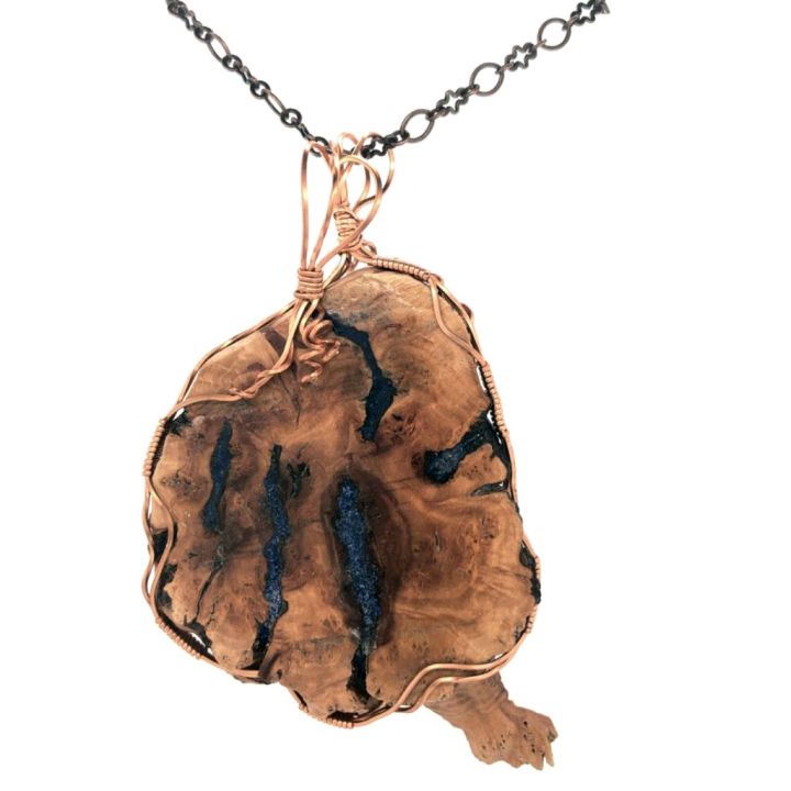 Copper Wire Wrapped Manzanita & Lapis Pendant Necklace Front