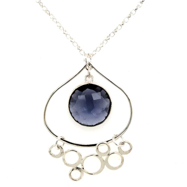 Sterling Silver Teardrop Pendant with Round Bezeled Lolite and Bubbled-Festoon Accent Necklace