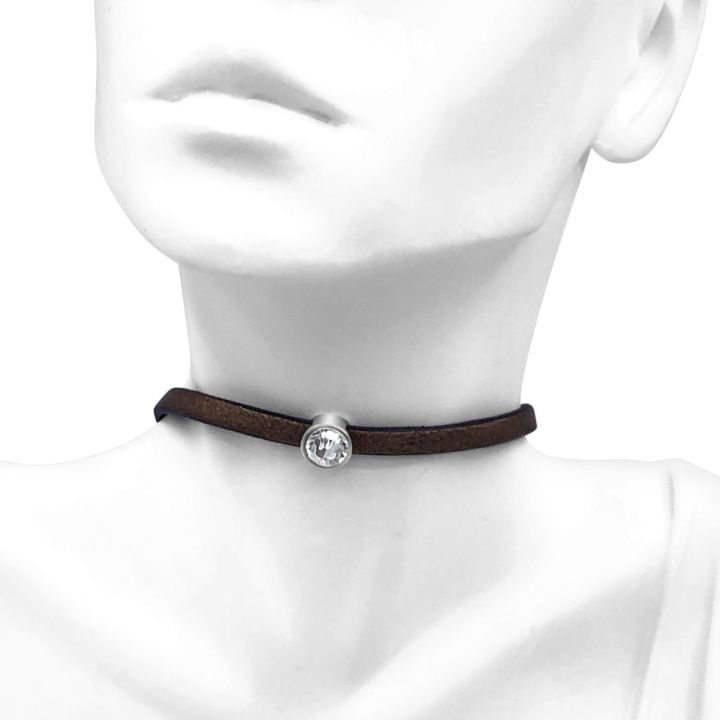 Bronze 5 mm Flat Leather Choker Necklace with Single Round Crystal Slide