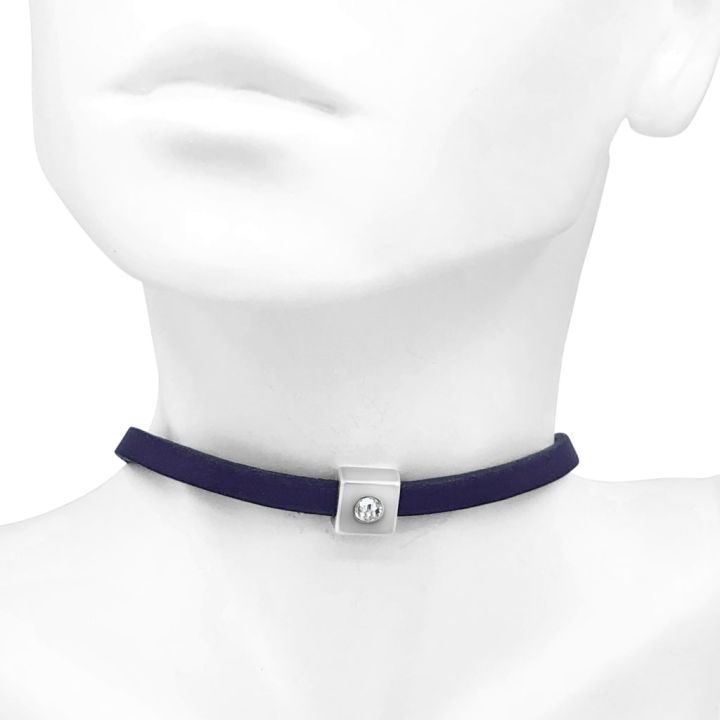 Navy 5 mm Flat Leather Choker Necklace with Single Square Crystal Slide