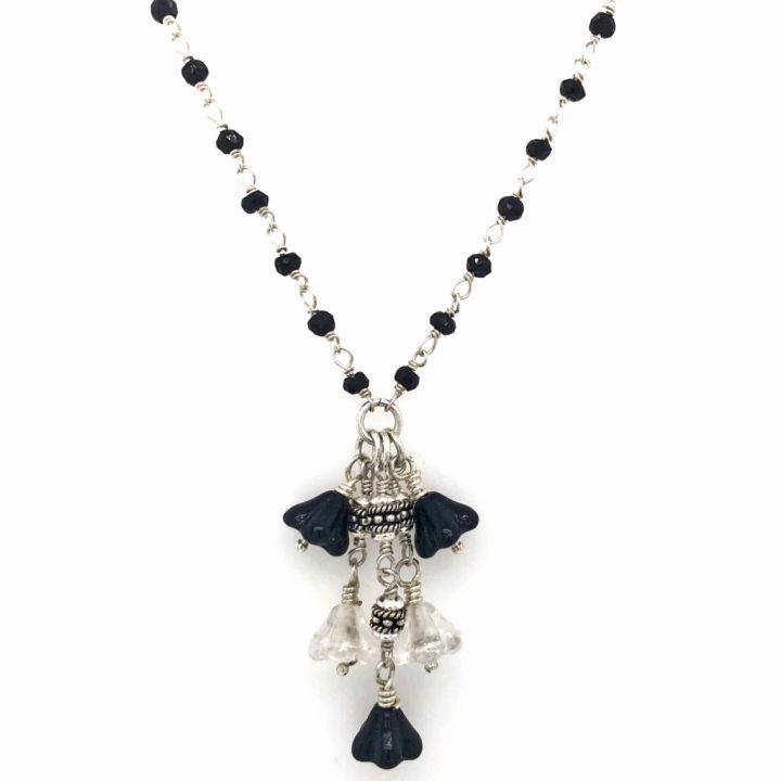Sterling Silver Black Spinel Gemstone Necklace with Czech Glass Flowers