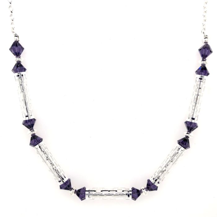Sterling Silver Frame-Patterned Tube and Swarovski Bead Necklace