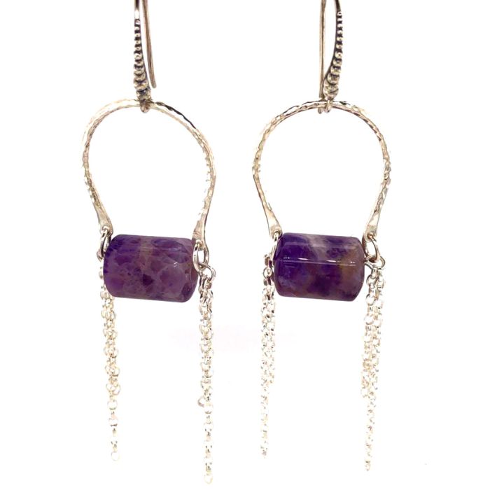 Sterling Silver Hammered U-Shaped Link with Amethyst Tube Earrings