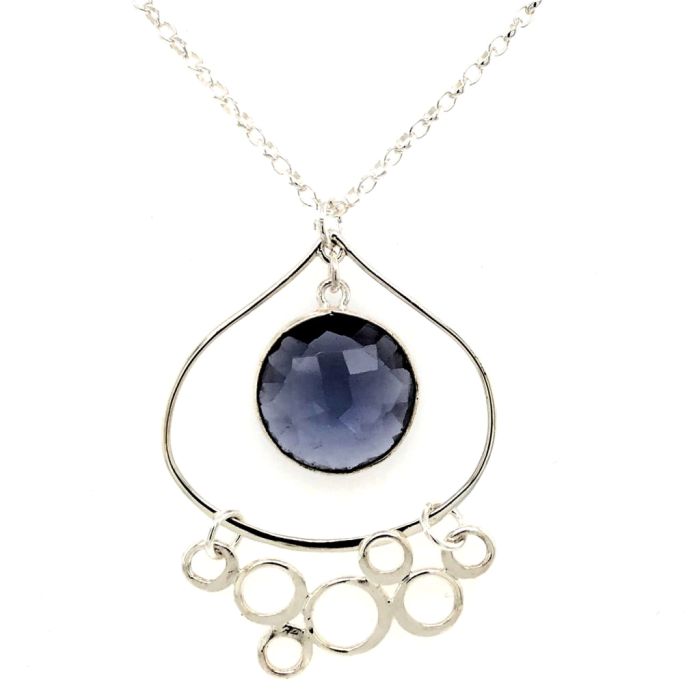 Sterling Silver Teardrop Pendant with Round Bezeled Iolite and Bubbled-Festoon Accent Necklace